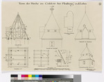 Caldern, ev. Pfarrkirche, Bauaufnahme des Kirchturms, Grundrisse, Aufrisse und Schnitte