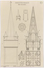 Breitenbach, ev. Kirche, Bauaufnahme des Chorturms, Ansicht, Grundrisse, Aufriß und Schnitte