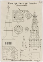 Beilstein, ev. Pfarrkirche, Bauaufnahme des Turmes, Ansicht, Grundrisse, Aufriß und Schnitte