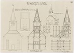 Coelbe, ehem. Kirche, Bauaufnahme des Dachreiters, Ansicht, Grundrisse, Aufriß und Schnitte