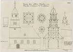 Niedergirmes, Alte Kirche, Bauaufnahme des Westturms, Ansicht, Grundrisse, Aufriß und Schnitt