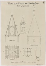 Kirchgöns, ev. Pfarrkirche, Bauaufnahme des Westturms, Ansicht, Grundrisse, Aufriß und Schnitt