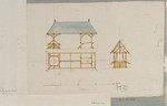 Konstruktionszeichnung eines Brunnenhauses, Grundriß, Aufriß und Schnitt