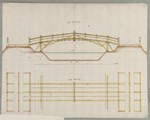 Werkzeichnung zu einer Holzbrücke, Seitenansicht und Grundriß der Balkenlage