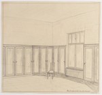 Berlin, Institutsgebäude für die Sammlungen von Franz M. Feldhaus, Kartensaal, Entwurf für die Bücherschränke, perspektivische Ansicht