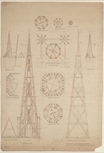 Kassel, Martinskirche, Ausführungsentwurf zum Dachwerk der Türme, Grundriß, Aufriß und Schnitt