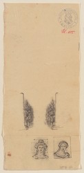 Skizzenblatt mit Baumallee und zwei Frauenköpfen